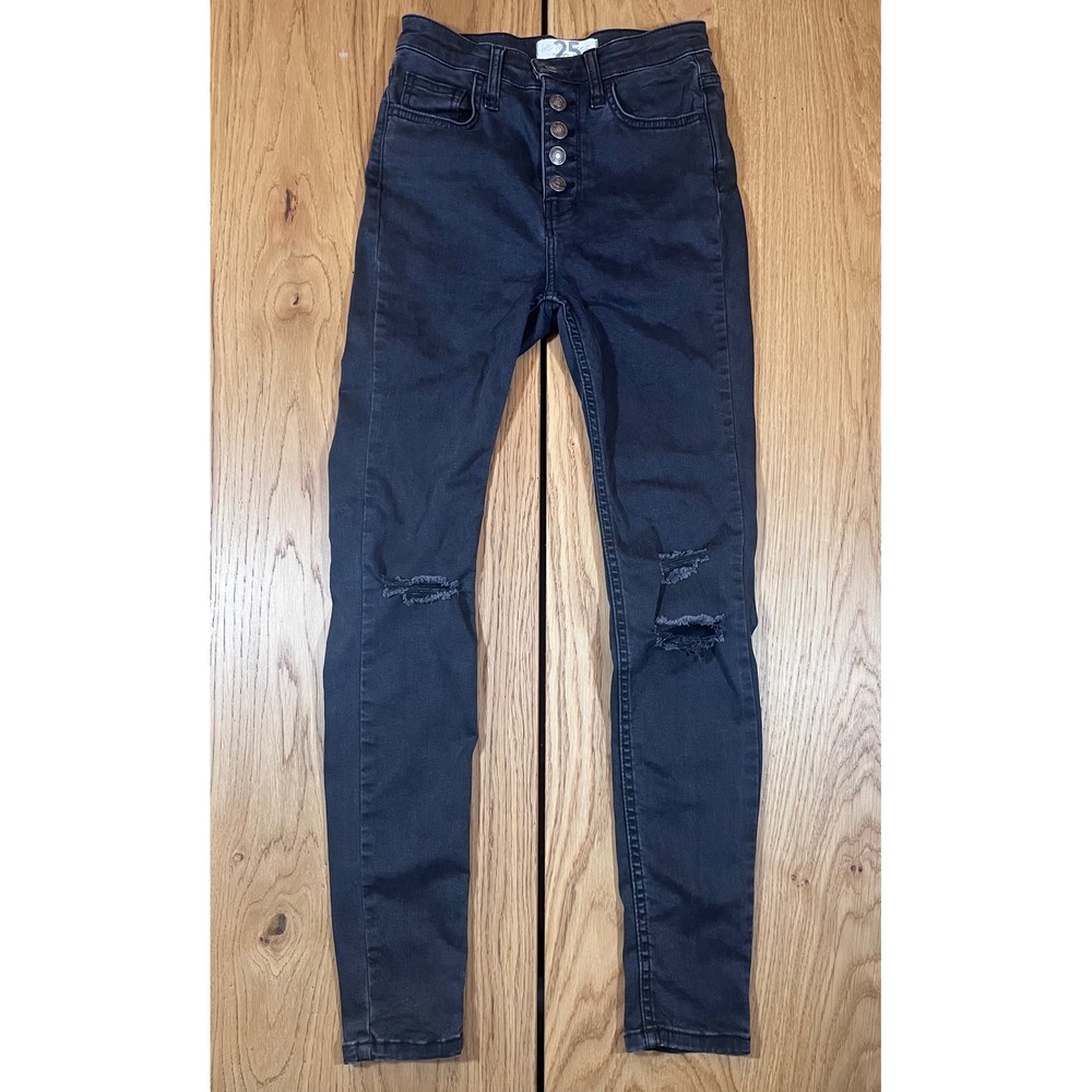 Free People Skinny Jeans Womens 25 Black Distressed Button Fly Grunge Aesthetic